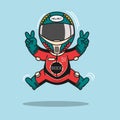 Cute racer jumps while double peace vector illustration.