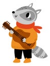 Cute racoon plays guitar. Funny musician character