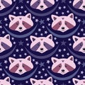 Cute racoons in purple and pink purple colors on blue background for pajamas design or slumber party decorations