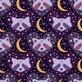 Cute racoons with stars and moons in pink and purple colors for children pajamas design or slumber prty decorations