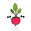Cute radish cartoon character doing exercises with dumbbells. Eating healthy and fitness.