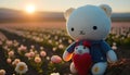 Cute rag cat doll romantic canola field Made with Generative AI