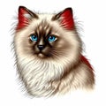 Cute Ragdoll cat head portrait realistic, colorful red brown white, blue eyes. Royalty Free Stock Photo