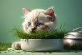 cute Ragdoll kitten eating green juicy grass from a pot, isolated on a white background Royalty Free Stock Photo