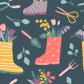 Cute rain boots with flowers and gardening tools seamless pattern Royalty Free Stock Photo