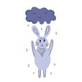 Cute rain cloud and bunny. Doodle style vector illustration