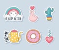 Cute rainbow cactus kettle donut and heart stuff for cards stickers or patches decoration cartoon