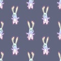 Cute Rainbow cartoon bunny rabit with dots seamless pattern Royalty Free Stock Photo