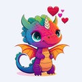 A cute rainbow chibi dragon and hearts