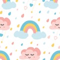 Cute rainbow clouds seamless childish pattern rainy drops Creative kids texture for fabric cloth textile apparel design