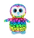 Cute rainbow colored owl plushie doll isolated on white background with shadow reflection. Plush stuffed puppet bird toy.