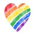 Cute rainbow heart with vector watercolor paint stroke textured, colorful stripes in color of LGBT community. Artistic