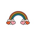 Cute rainbow and hearts vector clipart in groove style. Isolated retro sticker on a white background.