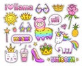 Cute rainbow llama, alpaca, magic unicorn, cat, crown, rose, pineapple, sun, sunglasses, speech bubble.