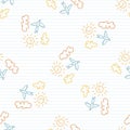 Cute rainbow scribble bird kids doodle background. Hand drawn whimsical motif seamless pattern. Naive simple happy