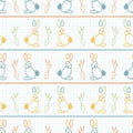 Cute rainbow scribble easter rabbit doodle background. Hand drawn whimsical motif seamless pattern. Naive simple crayon