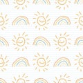 Cute rainbow scribble rainbow kids doodle background. Hand drawn whimsical motif seamless pattern. Naive simple happy