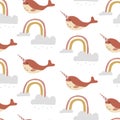 Cute rainbow seamless pattern with narwhale.Vector illustration for background,wallpaper,frabic