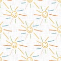 Cute rainbow sun scribble doodle background. Hand drawn whimsical motif seamless pattern. Naive simple crayon style for