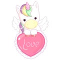 Cute rainbow unicorn with big heart. Valentine`s day card. Royalty Free Stock Photo