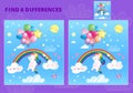 Cute rainbow unicorn flying with balloons. Find 6 differences. Educational game for children. Cartoon vector illustration Royalty Free Stock Photo