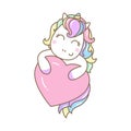 A cute rainbow unicorn is holding a heart. Vector illustration