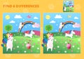 Cute rainbow unicorns having fun in summer. Find 6 differences. Educational game for children. Cartoon vector illustration