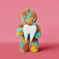 Cute rainbow Yeti white healthy tooth 3D rendering pink. Caries Toothbrush Preventive care Oral hygiene Dental cleaning.