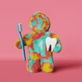 Cute rainbow Yeti white healthy tooth toothbrush 3D rendering pink. Caries Preventive care Oral hygiene Dental cleaning.