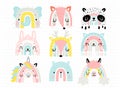 Cute rainbows with animal faces for your design, childish hand drawn elements. Nursery theme