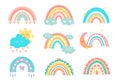 Cute rainbows. Kids doodle collection of sun, rainbow and clouds art, colorful sky decoration in pastel colors. Kids