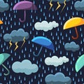 Cute Rainy Clouds and Umbrellas on Dark Blue Sky Seamless Pattern, Winter Design Element Can Be Used for Fabric