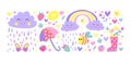 Cute rainy elements set. Childish flat vector illustration collection. Rainy clouds and rainbow isolated on white