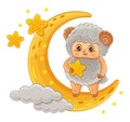 Cute ram or sheep, aries cartoon character. Funny farm lamb animal with star. Crescent moon. Holiday Kurban Bayrami. Vector Royalty Free Stock Photo