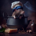 cute rat in a chef\'s hat cooks food.