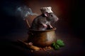 cute rat in a chef\'s hat cooks food.