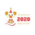 Cute rat and date 2020 year. Christmas Card and Happy New Year Greetings. Year of the Rat 2020 Chinese Zodiac. Vector Royalty Free Stock Photo