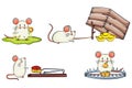 Cute rat fall into a trap to take gold, money, and fortune symbol. Chinese new year cartoon design concept set template. Mouse