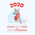 Cute rat greeting card cartoon template. 2020 happy New Year and Merry Christmas wish red inscription and adorable mouse Royalty Free Stock Photo