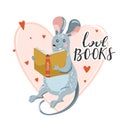 Cute rat reading book. Stylish typography slogan design