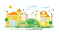 Cute real estate cottages, yellow residential buildings on suburban street at summer season vector Illustration