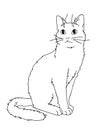 Cute realistic cat sitting. Vector illustration of kitty looking up. Black lines on white background. Element for your