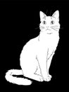 Cute realistic cat sitting. Vector illustration of kitty looking up. Grey lines, white figure on black background Royalty Free Stock Photo