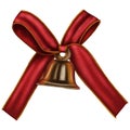 Cute realistic christmas red bow with gold glitter stripes and silver bell Royalty Free Stock Photo