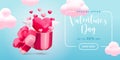 Cute realistic 3d Valentine's day sale banner concept. Vector open gift box with flying out shiny heart with wings Royalty Free Stock Photo