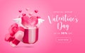 Cute realistic 3d Valentine's day sale concept. Vector open gift box with flying out shiny heart with wings and text Royalty Free Stock Photo