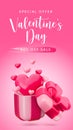 Cute realistic 3d Valentine's day sale concept. Vector open gift box with heart balloons and special offer text on Royalty Free Stock Photo
