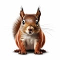 Cute realistic squirrel, high detail illustration. Squirrel isolated on white background, sitting frontal