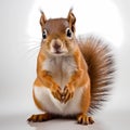 Cute realistic squirrel, high detail illustration. Squirrel isolated on white background, sitting frontal