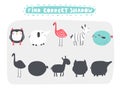 Cute rebus, test, activity, logic quest for kids. Funny puzzle with owl, elephant, flamingo, zebra, fish.